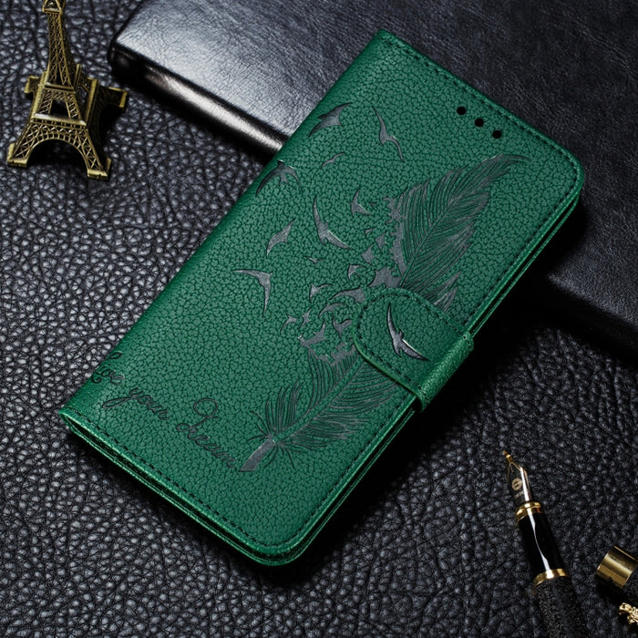 Estuche de cuero con tapa horizontal con patrón de relieve de plumas con textura de litchi con soporte y ranuras para tarjetas y billetera y marco de fotos y cordón, For Samsung Galaxy A22 4G, For Samsung Galaxy A22 5G, For Samsung Galaxy A82 5G       ...