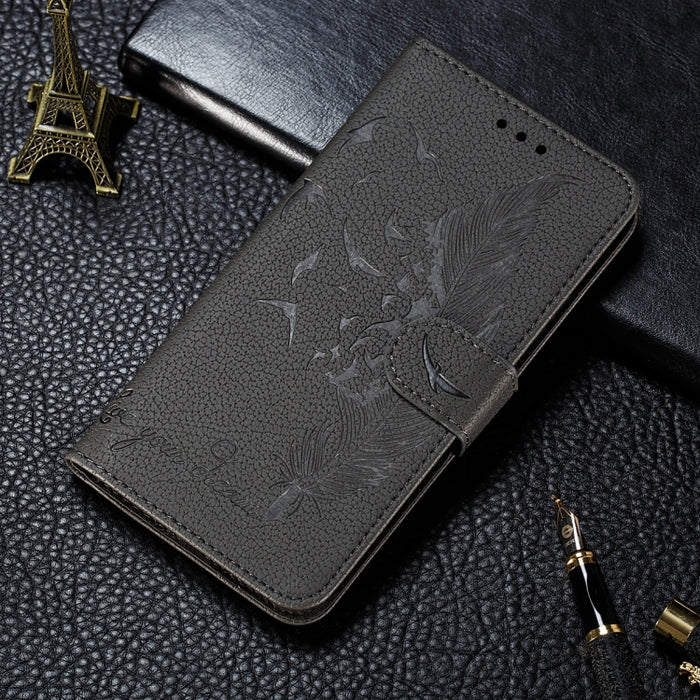 Estuche de cuero con tapa horizontal con patrón de relieve de plumas con textura de litchi con soporte y ranuras para tarjetas y billetera y marco de fotos y cordón, For Samsung Galaxy A22 4G, For Samsung Galaxy A22 5G, For Samsung Galaxy A82 5G       ...