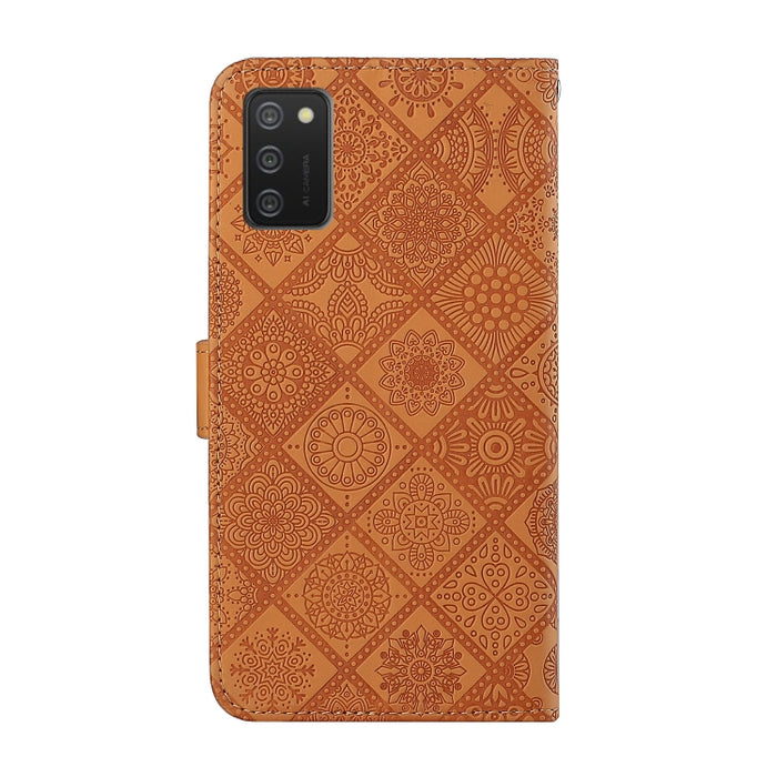 Estuche de cuero con tapa horizontal con patrón en relieve de estilo étnico con soporte y ranuras para tarjetas y billetera y cordón, For Samsung Galaxy A02s EU Version