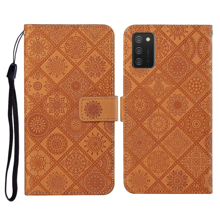Estuche de cuero con tapa horizontal con patrón en relieve de estilo étnico con soporte y ranuras para tarjetas y billetera y cordón, For Samsung Galaxy A02s EU Version