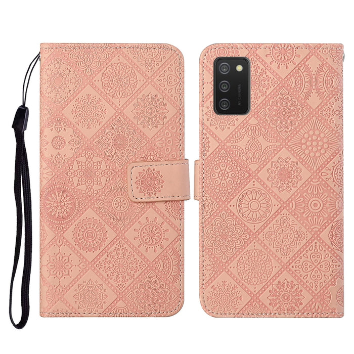Estuche de cuero con tapa horizontal con patrón en relieve de estilo étnico con soporte y ranuras para tarjetas y billetera y cordón, For Samsung Galaxy A02s EU Version