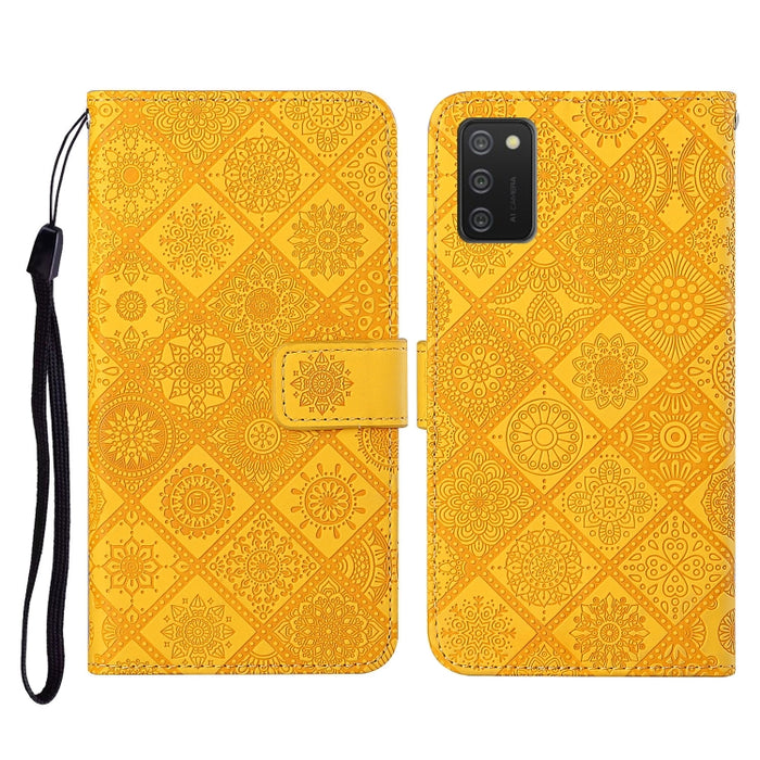 Estuche de cuero con tapa horizontal con patrón en relieve de estilo étnico con soporte y ranuras para tarjetas y billetera y cordón, For Samsung Galaxy A02s EU Version