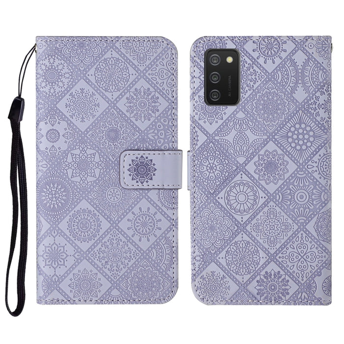 Estuche de cuero con tapa horizontal con patrón en relieve de estilo étnico con soporte y ranuras para tarjetas y billetera y cordón, For Samsung Galaxy A02s EU Version
