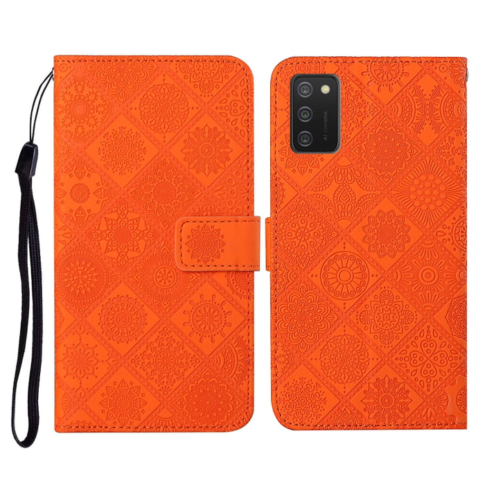 Estuche de cuero con tapa horizontal con patrón en relieve de estilo étnico con soporte y ranuras para tarjetas y billetera y cordón, For Samsung Galaxy A02s EU Version