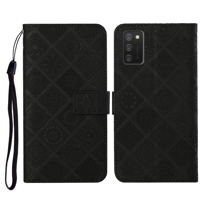 Estuche de cuero con tapa horizontal con patrón en relieve de estilo étnico con soporte y ranuras para tarjetas y billetera y cordón, For Samsung Galaxy A02s EU Version