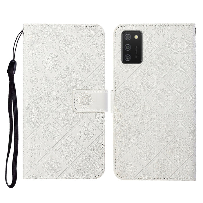 Estuche de cuero con tapa horizontal con patrón en relieve de estilo étnico con soporte y ranuras para tarjetas y billetera y cordón, For Samsung Galaxy A02s EU Version