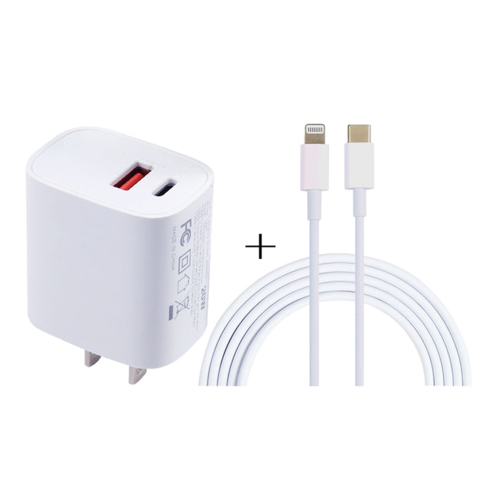 Cargador de puertos USB-C / Type-C + USB de 20 W con cable de carga rápida de 100 W Type-C a 8 pines