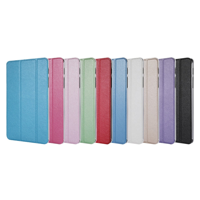 Estuche de cuero con tapa horizontal de tres pliegues con textura de seda con soporte y ranura para bolígrafo