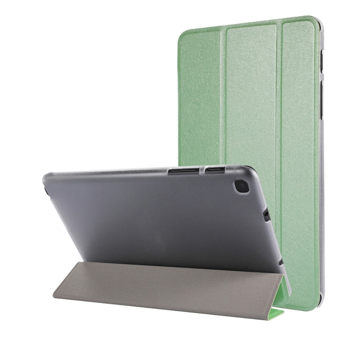 Estuche de cuero con tapa horizontal de tres pliegues con textura de seda con soporte y ranura para bolígrafo
