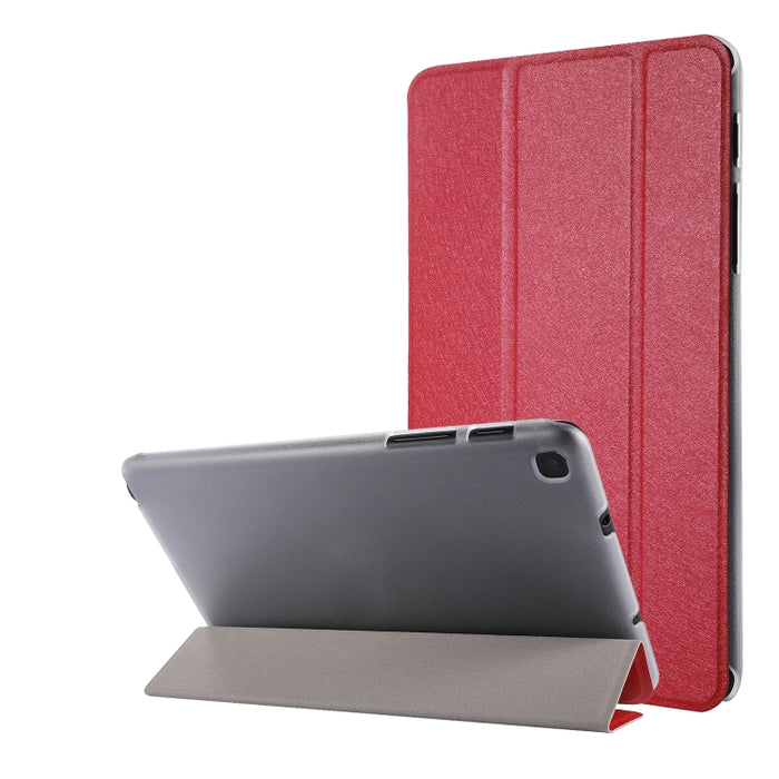 Estuche de cuero con tapa horizontal de tres pliegues con textura de seda con soporte y ranura para bolígrafo