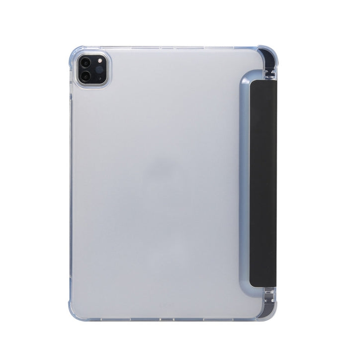 Estuche de cuero de TPU + PU transparente a prueba de golpes con textura de piel prensada eléctrica de tres pliegues con soporte y ranura para bolígrafo y función de reposo / activación