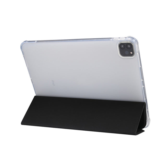 Estuche de cuero de TPU + PU transparente a prueba de golpes con textura de piel prensada eléctrica de tres pliegues con soporte y ranura para bolígrafo y función de reposo / activación