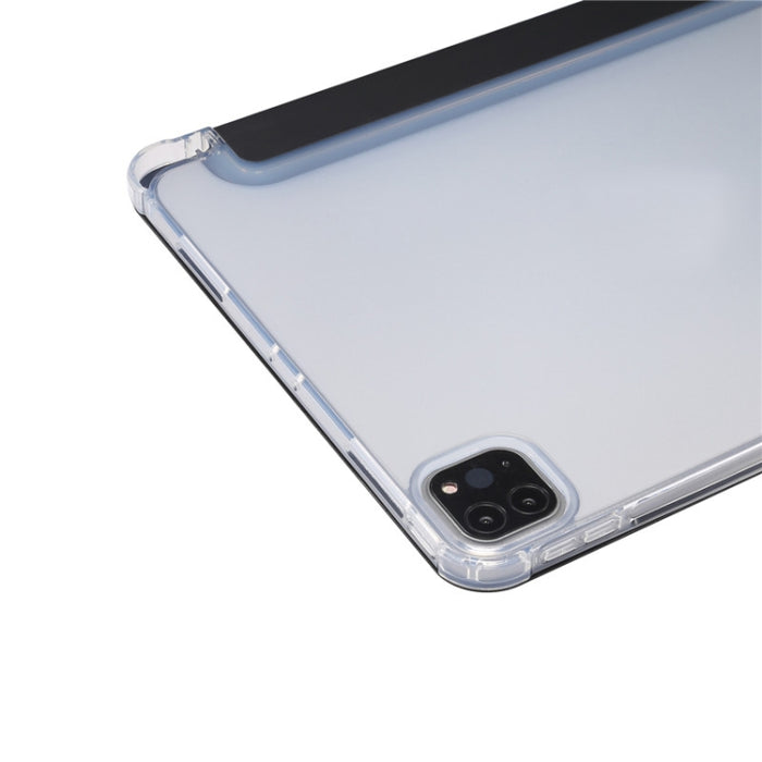 Estuche de cuero de TPU + PU transparente a prueba de golpes con textura de piel prensada eléctrica de tres pliegues con soporte y ranura para bolígrafo y función de reposo / activación
