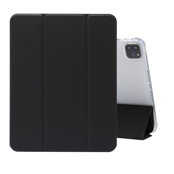 Estuche de cuero de TPU + PU transparente a prueba de golpes con textura de piel prensada eléctrica de tres pliegues con soporte y ranura para bolígrafo y función de reposo / activación