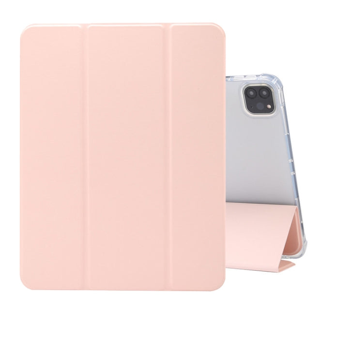 Estuche de cuero de TPU + PU transparente a prueba de golpes con textura de piel prensada eléctrica de tres pliegues con soporte y ranura para bolígrafo y función de reposo / activación