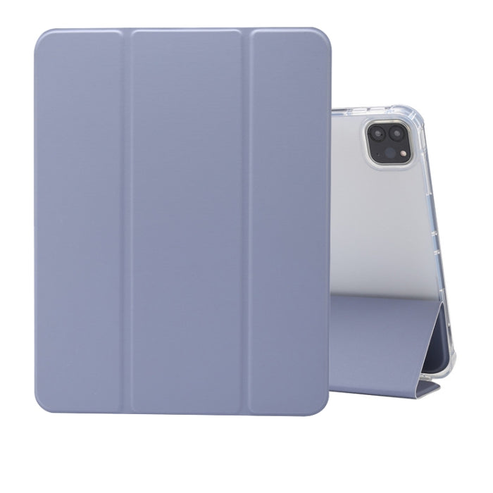 Estuche de cuero de TPU + PU transparente a prueba de golpes con textura de piel prensada eléctrica de tres pliegues con soporte y ranura para bolígrafo y función de reposo / activación