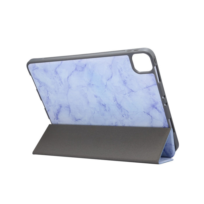 Estuche de cuero con tapa horizontal con textura de mármol con tres soportes plegables y función de suspensión / activación