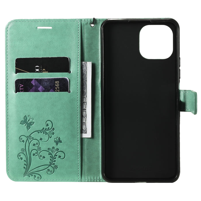 Estuche de cuero de PU con tapa horizontal con patrón de mariposa estampado prensado con soporte y ranuras para tarjetas y billetera y cordón, For Xiaomi Mi 11 Lite, For Xiaomi Mi 11 Pro