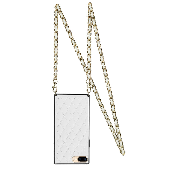 Elegante patrón rómbico de cuero de microfibra + estuche a prueba de golpes de TPU con cadena de correa cruzada