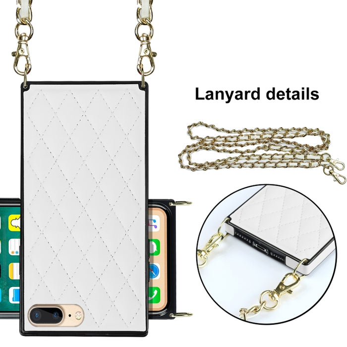 Elegante patrón rómbico de cuero de microfibra + estuche a prueba de golpes de TPU con cadena de correa cruzada