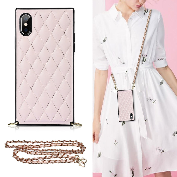 Elegante patrón rómbico de cuero de microfibra + estuche a prueba de golpes de TPU con cadena de correa cruzada