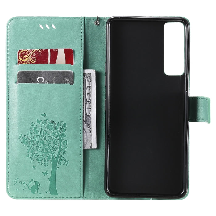 Estuche de cuero de PU con tapa horizontal con estampado prensado de patrón de árbol y gato con soporte y ranuras para tarjetas y billetera y cordón, For LG Stylo 7 5G / 4G, For OPPO F19 / A74 4G, For OPPO A93 5G / A74 5G                               ...