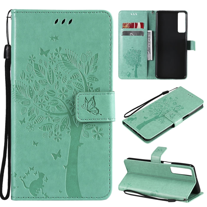 Estuche de cuero de PU con tapa horizontal con estampado prensado de patrón de árbol y gato con soporte y ranuras para tarjetas y billetera y cordón, For LG Stylo 7 5G / 4G, For OPPO F19 / A74 4G, For OPPO A93 5G / A74 5G                               ...
