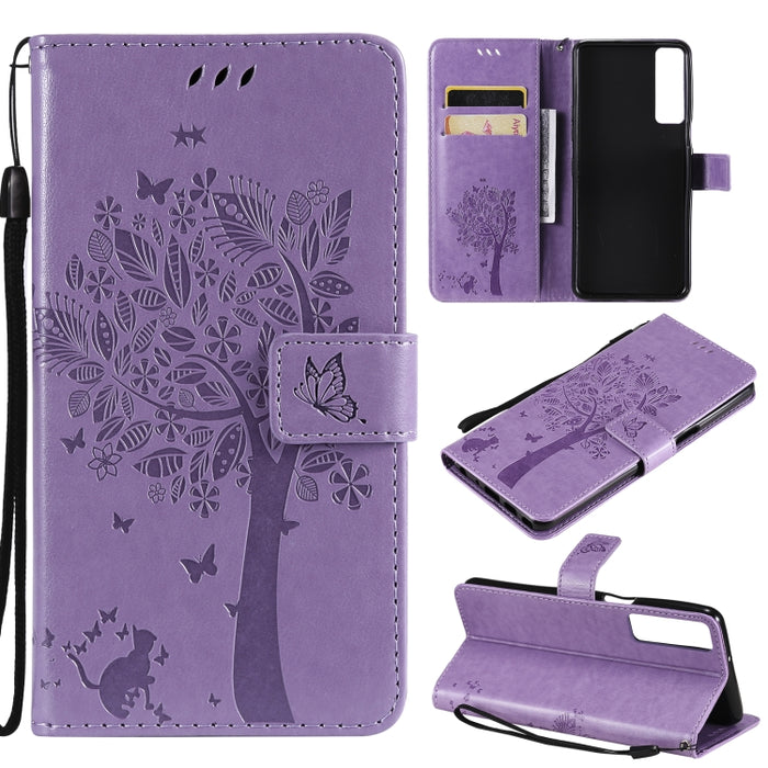 Estuche de cuero de PU con tapa horizontal con estampado prensado de patrón de árbol y gato con soporte y ranuras para tarjetas y billetera y cordón, For LG Stylo 7 5G / 4G, For OPPO F19 / A74 4G, For OPPO A93 5G / A74 5G                               ...