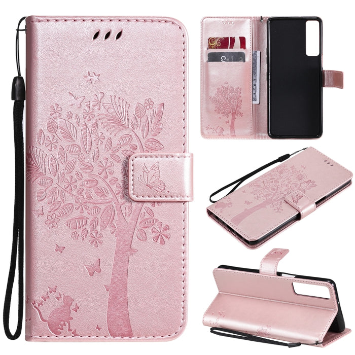 Estuche de cuero de PU con tapa horizontal con estampado prensado de patrón de árbol y gato con soporte y ranuras para tarjetas y billetera y cordón, For LG Stylo 7 5G / 4G, For OPPO F19 / A74 4G, For OPPO A93 5G / A74 5G                               ...
