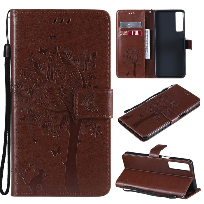Estuche de cuero de PU con tapa horizontal con estampado prensado de patrón de árbol y gato con soporte y ranuras para tarjetas y billetera y cordón, For LG Stylo 7 5G / 4G, For OPPO F19 / A74 4G, For OPPO A93 5G / A74 5G                               ...