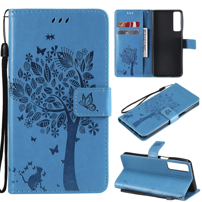 Estuche de cuero de PU con tapa horizontal con estampado prensado de patrón de árbol y gato con soporte y ranuras para tarjetas y billetera y cordón, For LG Stylo 7 5G / 4G, For OPPO F19 / A74 4G, For OPPO A93 5G / A74 5G                               ...