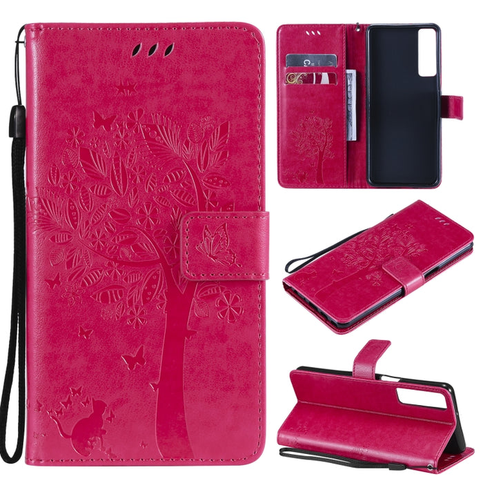 Estuche de cuero de PU con tapa horizontal con estampado prensado de patrón de árbol y gato con soporte y ranuras para tarjetas y billetera y cordón, For LG Stylo 7 5G / 4G, For OPPO F19 / A74 4G, For OPPO A93 5G / A74 5G                               ...