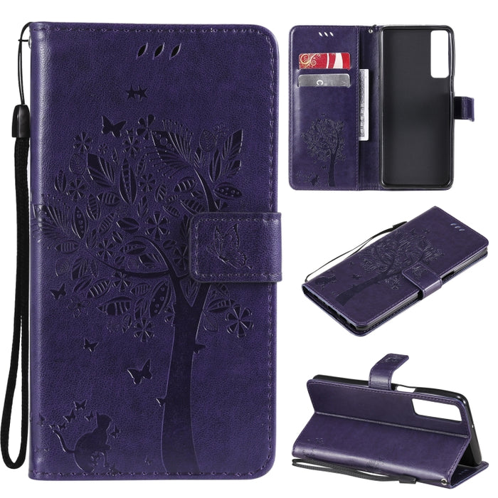 Estuche de cuero de PU con tapa horizontal con estampado prensado de patrón de árbol y gato con soporte y ranuras para tarjetas y billetera y cordón, For LG Stylo 7 5G / 4G, For OPPO F19 / A74 4G, For OPPO A93 5G / A74 5G                               ...