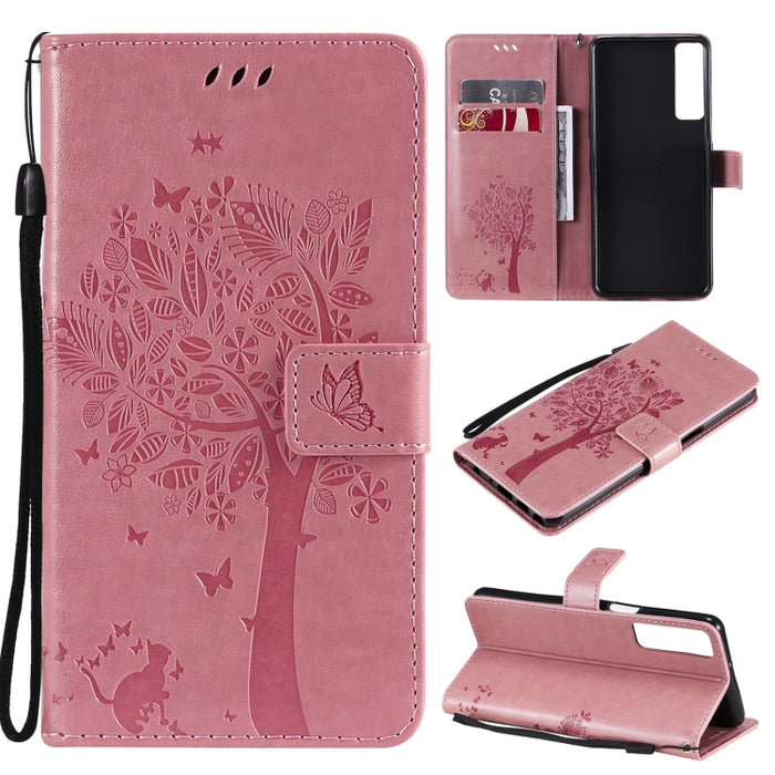 Estuche de cuero de PU con tapa horizontal con estampado prensado de patrón de árbol y gato con soporte y ranuras para tarjetas y billetera y cordón, For LG Stylo 7 5G / 4G, For OPPO F19 / A74 4G, For OPPO A93 5G / A74 5G                               ...