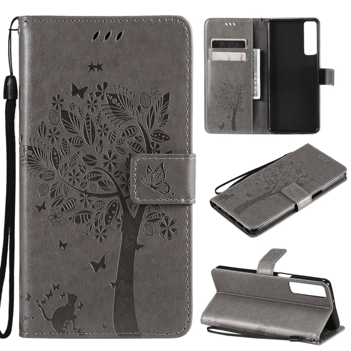 Estuche de cuero de PU con tapa horizontal con estampado prensado de patrón de árbol y gato con soporte y ranuras para tarjetas y billetera y cordón, For LG Stylo 7 5G / 4G, For OPPO F19 / A74 4G, For OPPO A93 5G / A74 5G                               ...