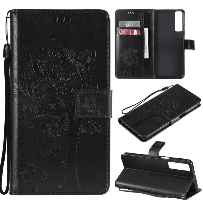 Estuche de cuero de PU con tapa horizontal con estampado prensado de patrón de árbol y gato con soporte y ranuras para tarjetas y billetera y cordón, For LG Stylo 7 5G / 4G, For OPPO F19 / A74 4G, For OPPO A93 5G / A74 5G                               ...