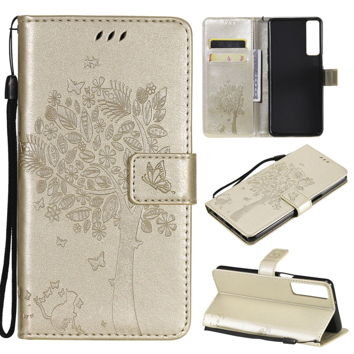 Estuche de cuero de PU con tapa horizontal con estampado prensado de patrón de árbol y gato con soporte y ranuras para tarjetas y billetera y cordón, For LG Stylo 7 5G / 4G, For OPPO F19 / A74 4G, For OPPO A93 5G / A74 5G                               ...