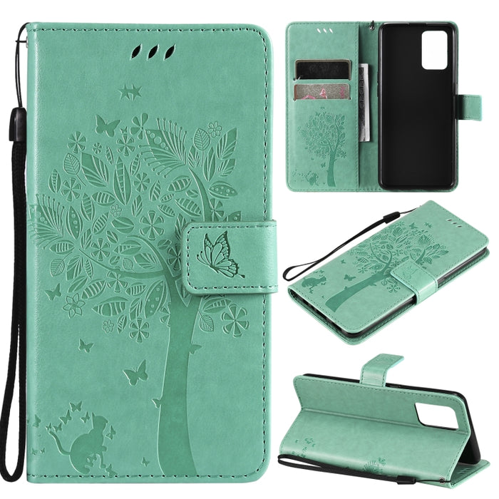 Estuche de cuero de PU con tapa horizontal con estampado prensado de patrón de árbol y gato con soporte y ranuras para tarjetas y billetera y cordón, For LG Stylo 7 5G / 4G, For OPPO F19 / A74 4G, For OPPO A93 5G / A74 5G                               ...