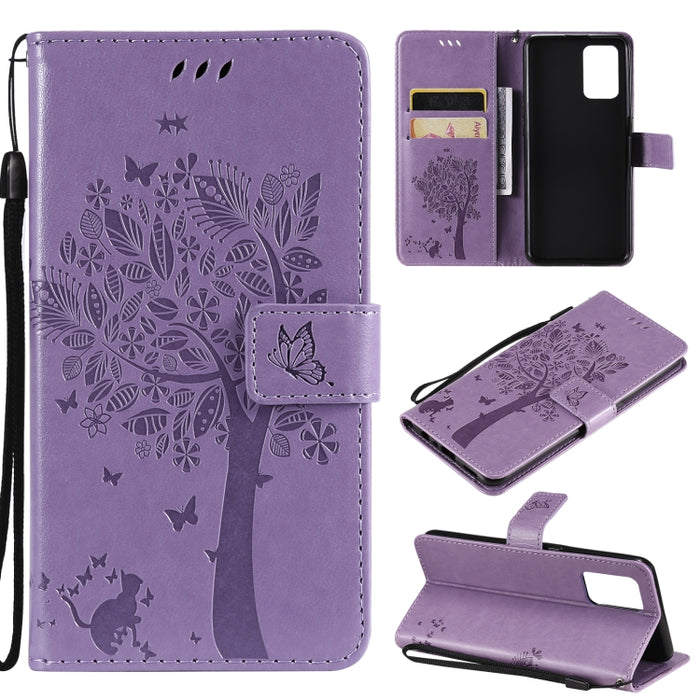 Estuche de cuero de PU con tapa horizontal con estampado prensado de patrón de árbol y gato con soporte y ranuras para tarjetas y billetera y cordón, For LG Stylo 7 5G / 4G, For OPPO F19 / A74 4G, For OPPO A93 5G / A74 5G                               ...