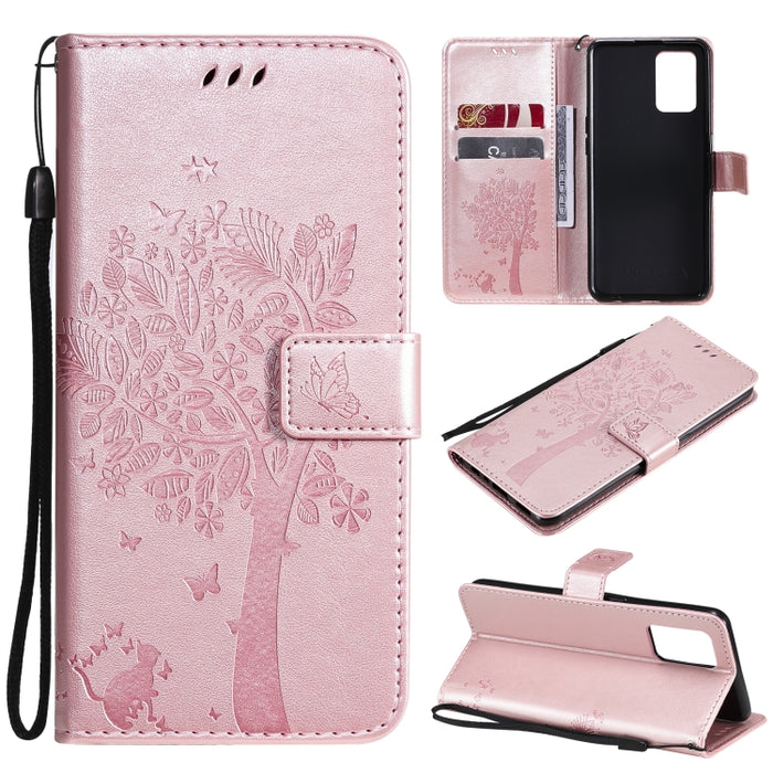 Estuche de cuero de PU con tapa horizontal con estampado prensado de patrón de árbol y gato con soporte y ranuras para tarjetas y billetera y cordón, For LG Stylo 7 5G / 4G, For OPPO F19 / A74 4G, For OPPO A93 5G / A74 5G                               ...