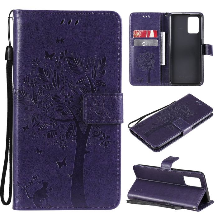 Estuche de cuero de PU con tapa horizontal con estampado prensado de patrón de árbol y gato con soporte y ranuras para tarjetas y billetera y cordón, For LG Stylo 7 5G / 4G, For OPPO F19 / A74 4G, For OPPO A93 5G / A74 5G                               ...