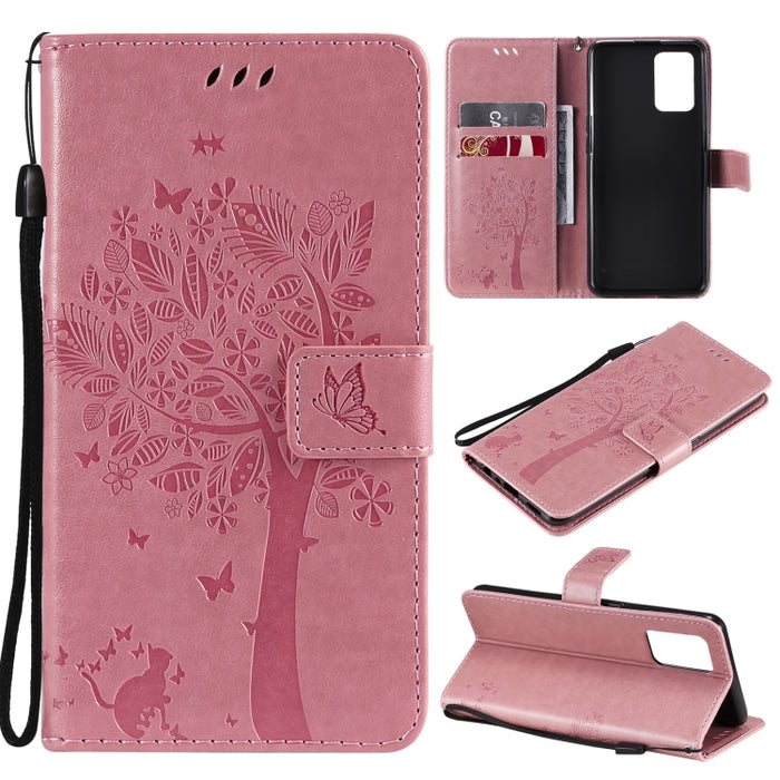 Estuche de cuero de PU con tapa horizontal con estampado prensado de patrón de árbol y gato con soporte y ranuras para tarjetas y billetera y cordón, For LG Stylo 7 5G / 4G, For OPPO F19 / A74 4G, For OPPO A93 5G / A74 5G                               ...