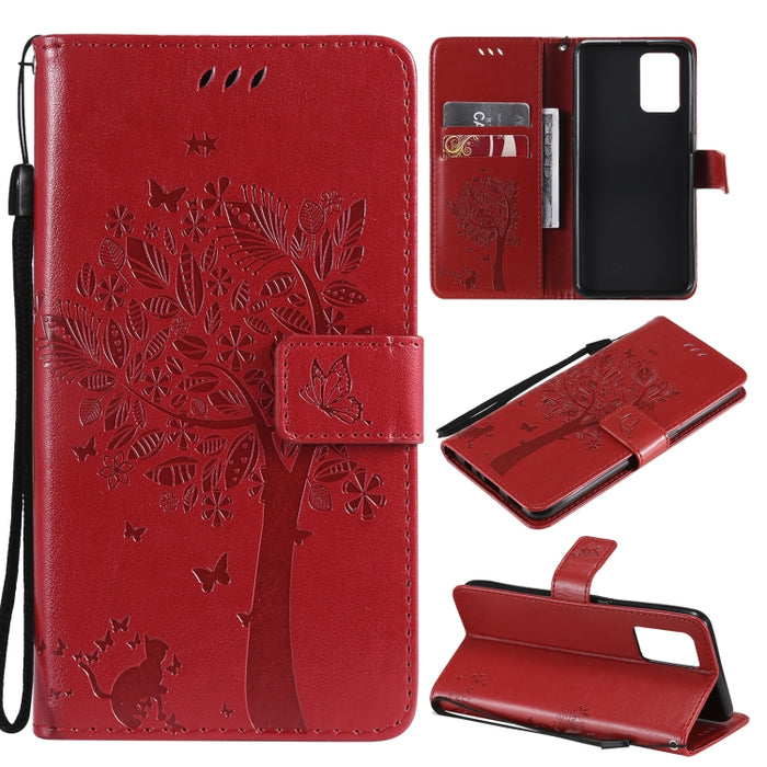 Estuche de cuero de PU con tapa horizontal con estampado prensado de patrón de árbol y gato con soporte y ranuras para tarjetas y billetera y cordón, For LG Stylo 7 5G / 4G, For OPPO F19 / A74 4G, For OPPO A93 5G / A74 5G                               ...