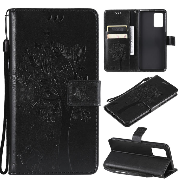 Estuche de cuero de PU con tapa horizontal con estampado prensado de patrón de árbol y gato con soporte y ranuras para tarjetas y billetera y cordón, For LG Stylo 7 5G / 4G, For OPPO F19 / A74 4G, For OPPO A93 5G / A74 5G                               ...