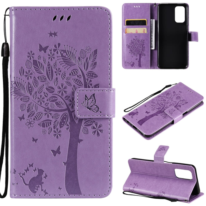 Estuche de cuero de PU con tapa horizontal con estampado prensado de patrón de árbol y gato con soporte y ranuras para tarjetas y billetera y cordón, For LG Stylo 7 5G / 4G, For OPPO F19 / A74 4G, For OPPO A93 5G / A74 5G                               ...