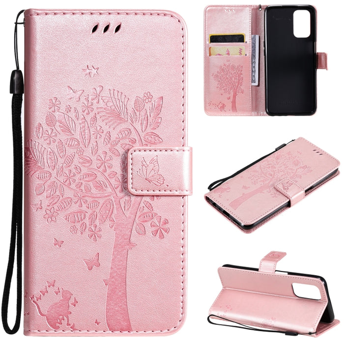 Estuche de cuero de PU con tapa horizontal con estampado prensado de patrón de árbol y gato con soporte y ranuras para tarjetas y billetera y cordón, For LG Stylo 7 5G / 4G, For OPPO F19 / A74 4G, For OPPO A93 5G / A74 5G                               ...
