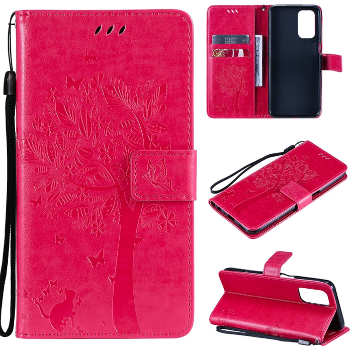 Estuche de cuero de PU con tapa horizontal con estampado prensado de patrón de árbol y gato con soporte y ranuras para tarjetas y billetera y cordón, For LG Stylo 7 5G / 4G, For OPPO F19 / A74 4G, For OPPO A93 5G / A74 5G                               ...