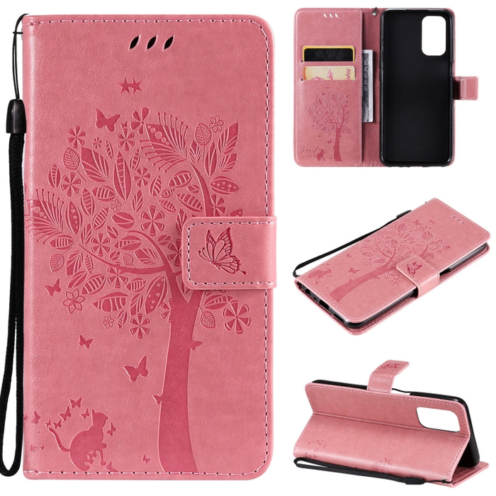 Estuche de cuero de PU con tapa horizontal con estampado prensado de patrón de árbol y gato con soporte y ranuras para tarjetas y billetera y cordón, For LG Stylo 7 5G / 4G, For OPPO F19 / A74 4G, For OPPO A93 5G / A74 5G                               ...