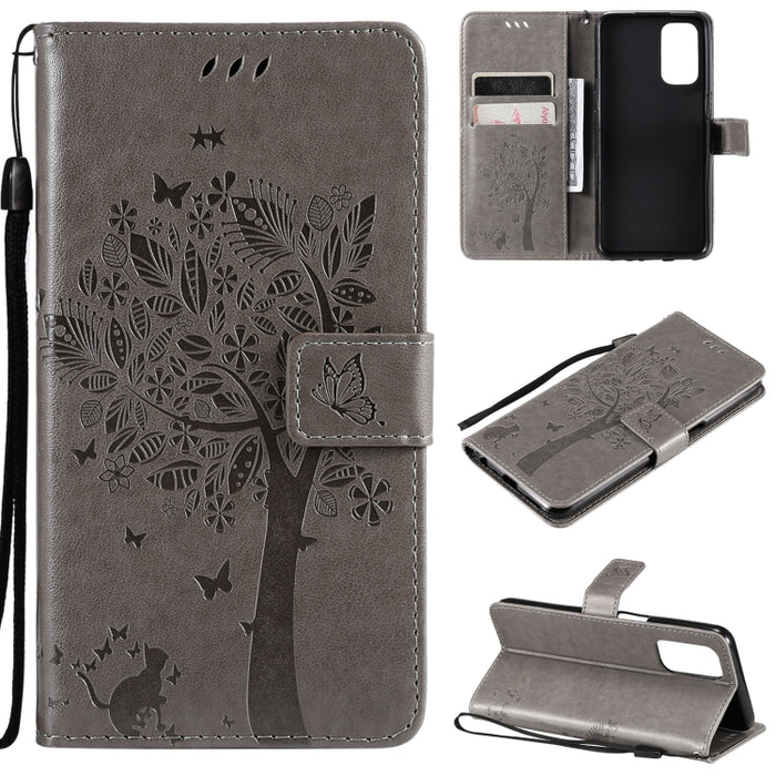 Estuche de cuero de PU con tapa horizontal con estampado prensado de patrón de árbol y gato con soporte y ranuras para tarjetas y billetera y cordón, For LG Stylo 7 5G / 4G, For OPPO F19 / A74 4G, For OPPO A93 5G / A74 5G                               ...