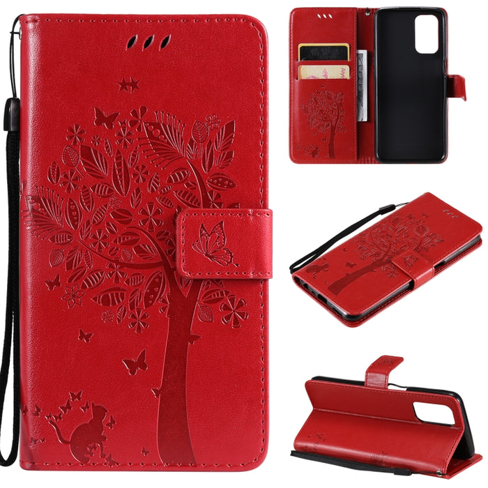 Estuche de cuero de PU con tapa horizontal con estampado prensado de patrón de árbol y gato con soporte y ranuras para tarjetas y billetera y cordón, For LG Stylo 7 5G / 4G, For OPPO F19 / A74 4G, For OPPO A93 5G / A74 5G                               ...